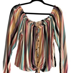 Rewind Women's Striped Tie-Front Blouse Long Sleeve Top Multicolor Boho Size L
